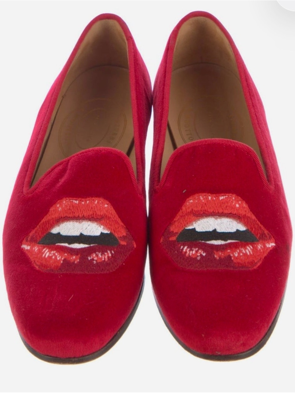 Stubbs & Wootton Red Velvet Slip-On Loafers with Embroidered Lip Motif